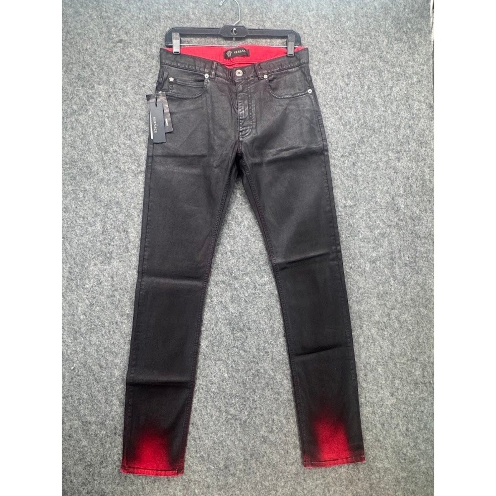 Versace Men Black Coated Red Ombre Spray Slim Fit Jeans A77023 Made in Italy NEW